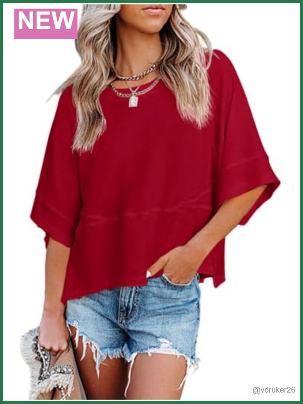 Women's Loose Fit 3/4 Sleeve Crewneck Tunic T-Shirt Polyester Blend